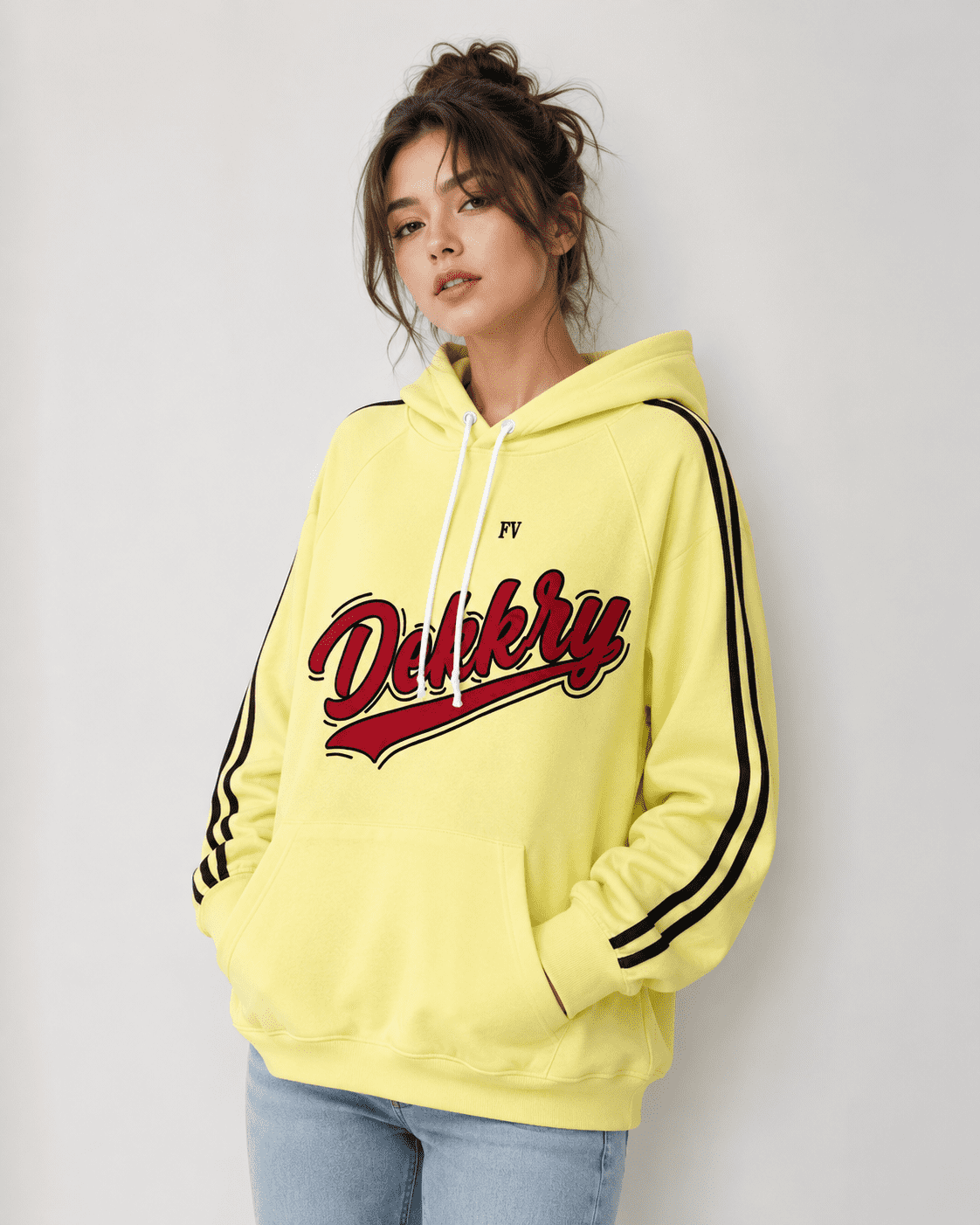 Women’s Oversized Striped Sleeve Graphic Hoodie - Image 1