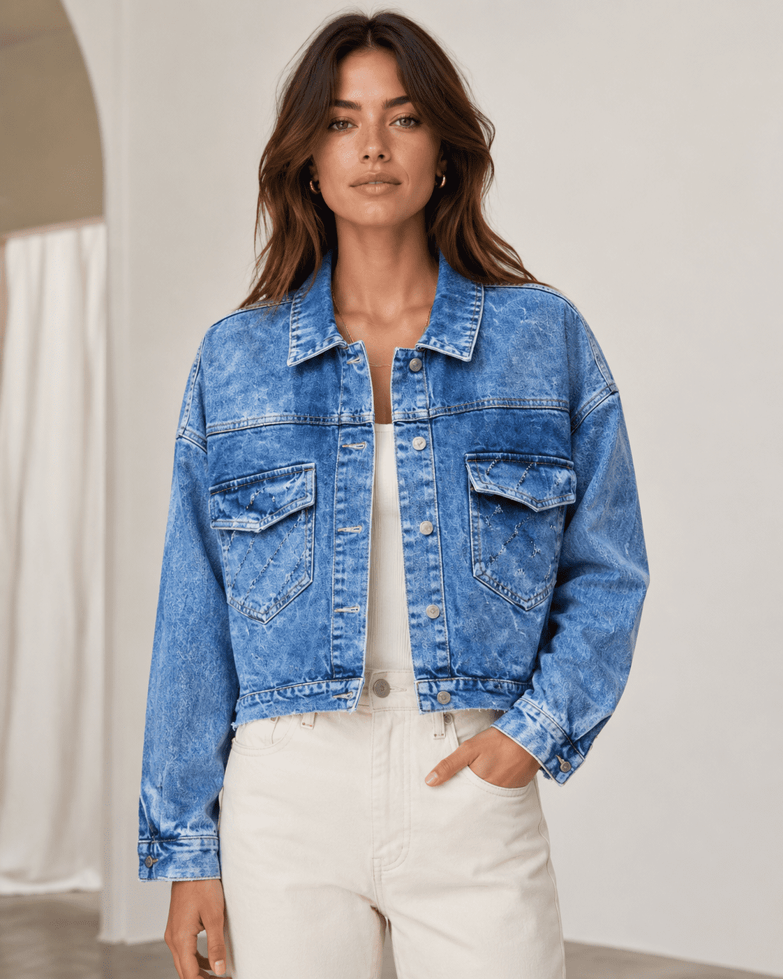 Women’s Distressed Embroidered Denim Jacket Women’s Distressed Embroidered Denim Jacket